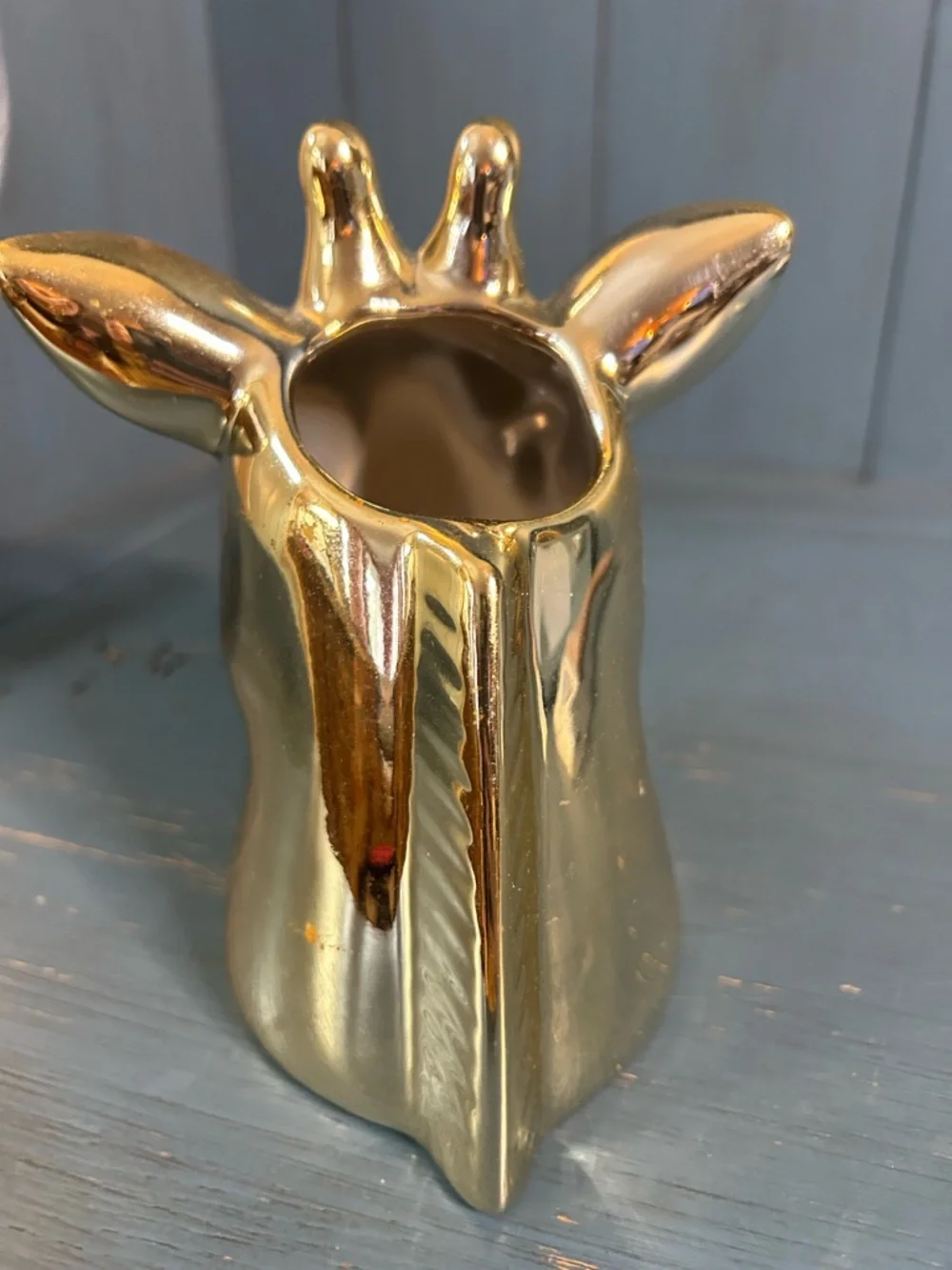 Gold Ceramic Giraffe Head Figurine - Planter, Makeup Brush/Pencil Holder 6” Tall